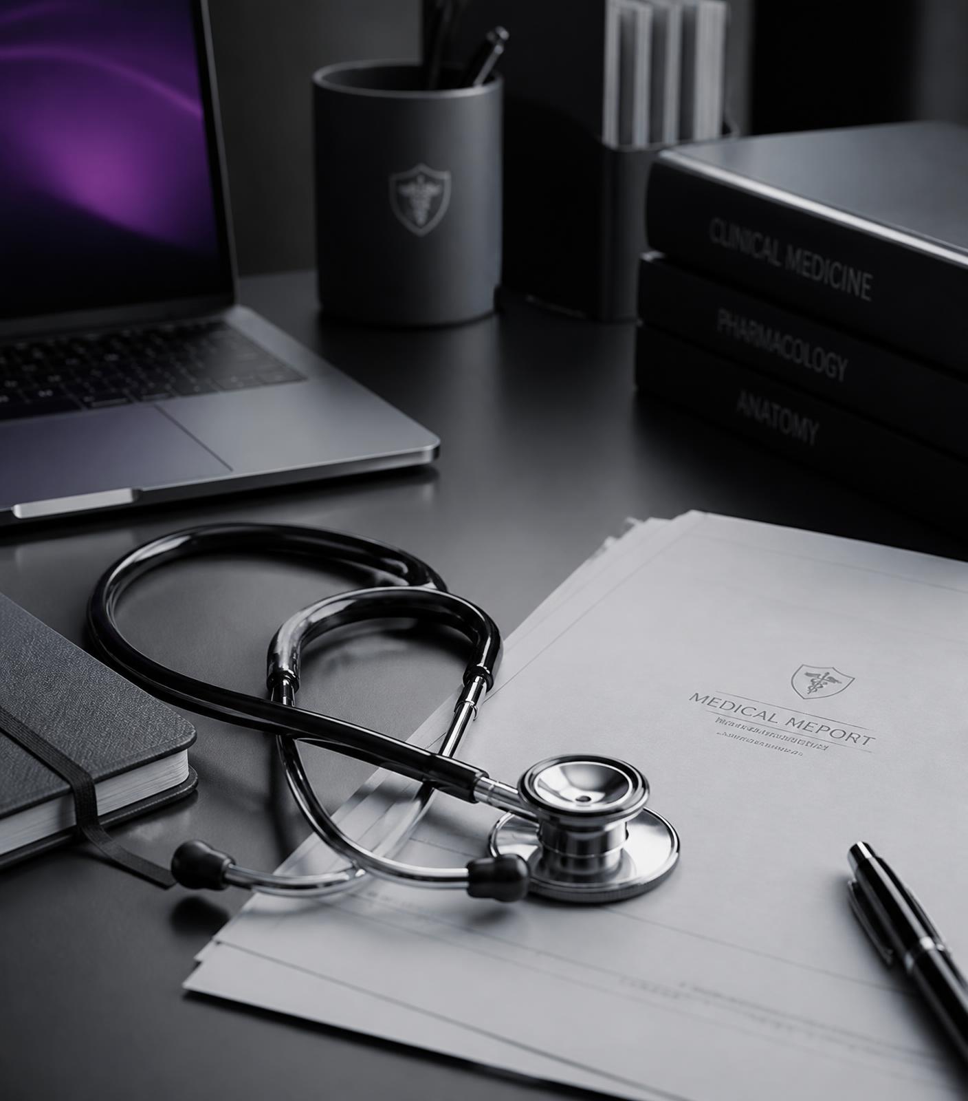 Physician writing notes at a warm walnut desk